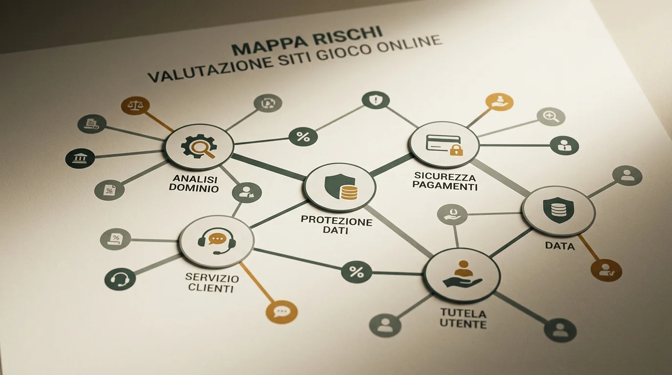 Mappa editoriale con segnali di rischio collegati a dominio, pagamenti e dati