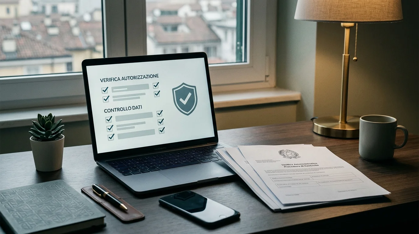 Scrivania ordinata con lista di verifiche ADM e documenti digitali