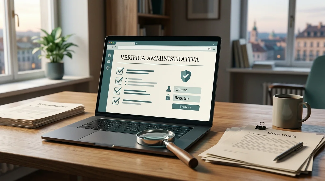 Scrivania con controlli ADM, dominio e documenti ordinati per una verifica prudente